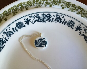 Corelle Old Town Blue hand cut from broken vintage Corelle dishes pendant necklace vintage Pyrex retro mid-century gift  Minimalist