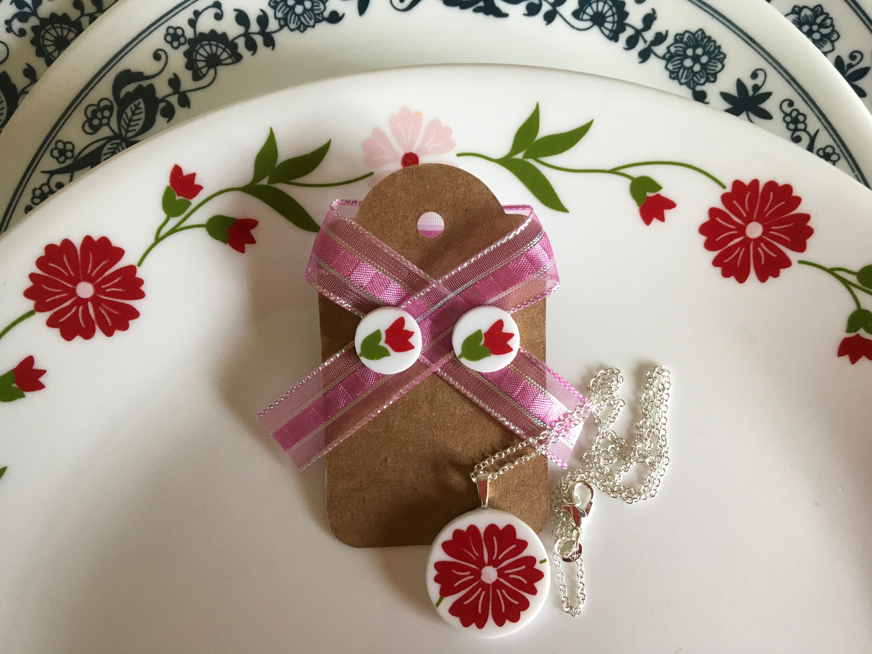 Corelle Spring Pink Stud Earrings OR Pendant hand cut from broken vintage Corelle dishes vintage Pyrex Upcycled Mother’s Day gift Red flower