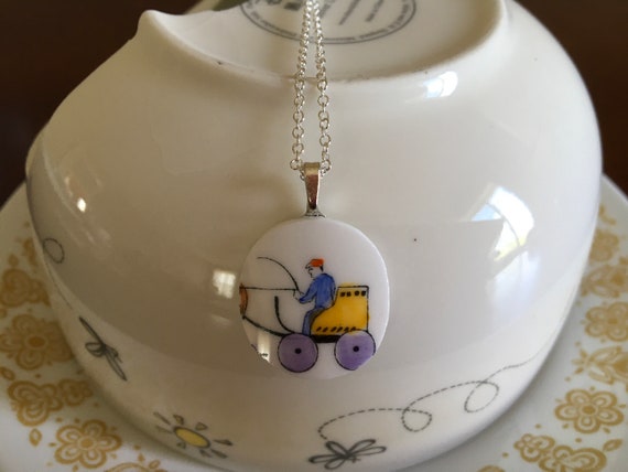 Wagon Equine pendant hand cut from broken vintage fine bone china Royal Chelsea teacup necklace retro gift Mother’s Day Minimalist jewelry