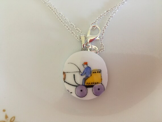 Wagon Equine pendant hand cut from broken vintage fine bone china Royal Chelsea teacup necklace retro gift Mother’s Day Minimalist jewelry View 4