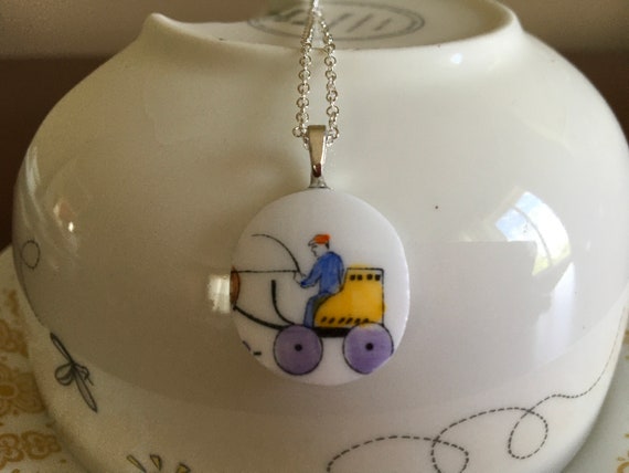 Wagon Equine pendant hand cut from broken vintage fine bone china Royal Chelsea teacup necklace retro gift Mother’s Day Minimalist jewelry View 2