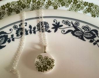 Corelle necklace Crazy Daisy/ Spring Blossom Pendant hand cut from broken Corelle dishes Mother’s Day gift Minimalist upcycle Cottagecore