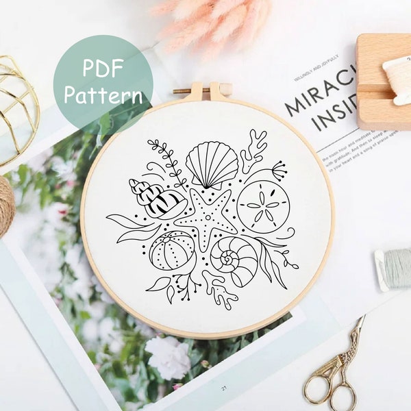 Shell Embroidery Pattern For Beginner | Sea Hand Embroidery PDF Pattern Instant Download | Modern Embroidery PDF Pattern Design Hoop Art