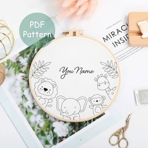 Custom Embroidery Pattern for Name or Quote | Animal Hand Embroidery PDF Pattern Instant Download | Embroidery PDF Pattern Design Hoop Art