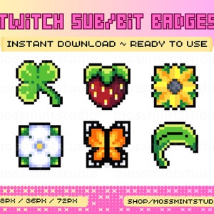 Twitch Sub Badges, Cute Twitch Badges, Garden Twitch Bit Badges, Pixel Twitch Badges and Emotes for Twitch Channel