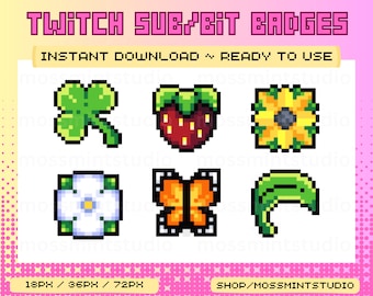 Twitch Sub Badges, Cute Twitch Badges, Garden Twitch Bit Badges, Pixel Twitch Badges and Emotes for Twitch Channel
