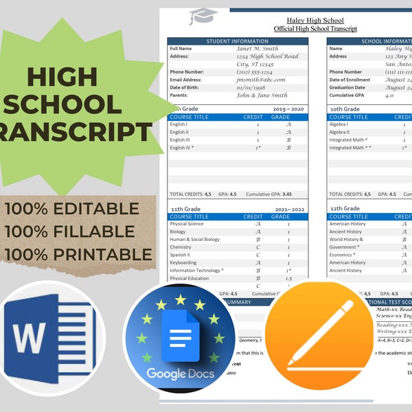 High School transcript template, #printable fillable printables,  editable printable transcript, report card, homeschool planner pdf,  docx