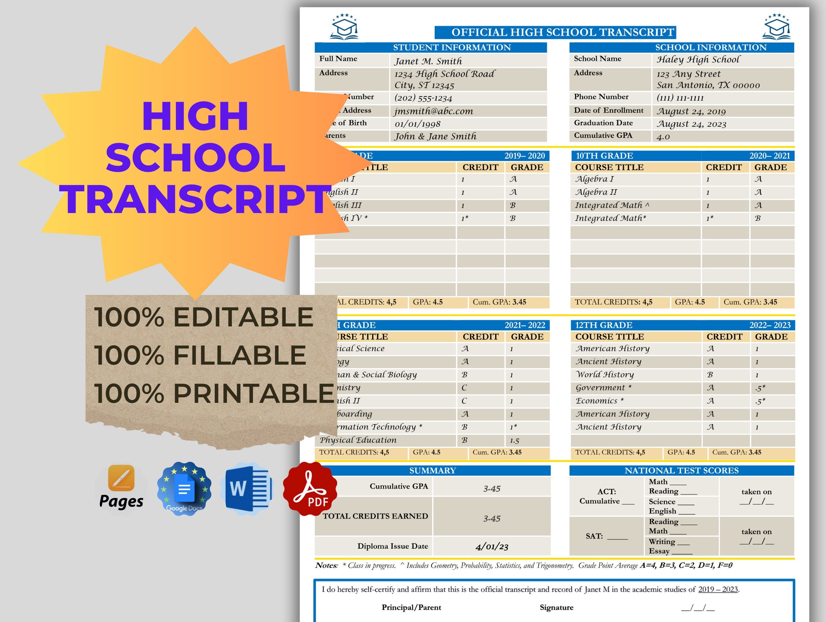 High School Transcript Fillable Printable Template Homeschool Etsy
