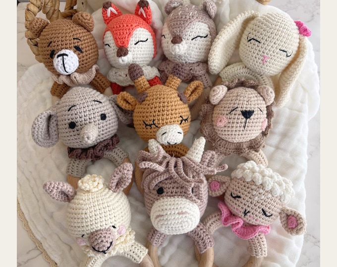 Personalized Baby Shower Rattle Gift | Custom Monogram Crochet | Montessori Animal Wooden Toy Ring for a  Newborn Boy or Girl | Bear, Cow