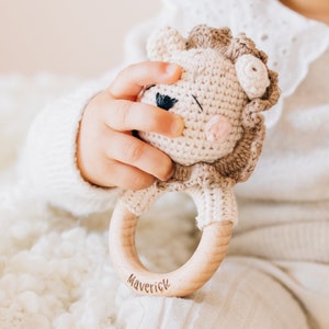 Personalized Baby Shower Rattle Gift | Custom Crochet or Amigurumi Animal Wooden Toy Ring for a  Newborn Boy or Girl | Bunny, Fox, or Lamb