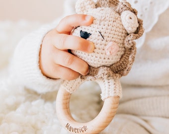 Personalized Baby Shower Rattle Gift | Custom Crochet or Amigurumi Animal Wooden Toy Ring for a  Newborn Boy or Girl | Bunny, Fox, or Lamb