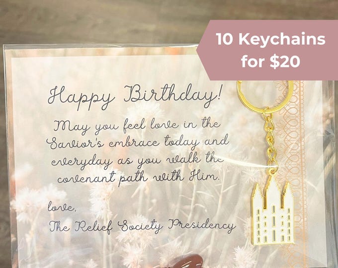 Bulk LDS Temple Enamel Keychain for Relief Society, Young Women, or Ministering  for Birthday or Christmas Gift in Gold and White