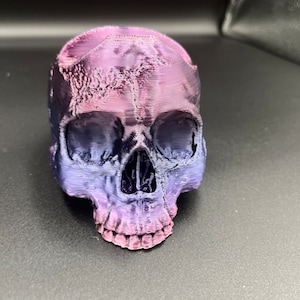 May include: A 3D printed skull sculpture with a gradient color scheme, transitioning from a deep purple to a light pink.