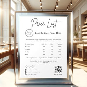 Permanent Jewelry Price List Sign | Editable Template for Print | QR Code Sign | Canva Template | Permanent Jewelry - Bracelet & Necklace
