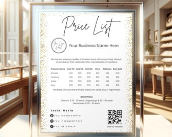 Permanent Jewelry Price List: Canva Template Form, Jewelry Client Printable Sign, Bracelet & Necklace, Jewelry Shop Business, QR Code Prices