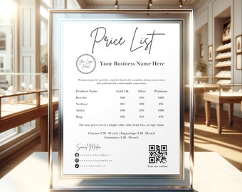 Permanent Jewelry Price List Sign | Editable Template for Print | QR Code Sign | Canva Template | Permanent Jewelry - Bracelet & Necklace