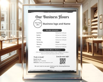 Store Hours Sign | Business Open Close Time Signage | Store Custom Opening Hours | Shop Schedule Notice for Business | Editable in Canva