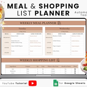 Weekly Meal Planner with Automated Grocery List | Google Sheets Meal Plan Template | Daily Food Journal & Menu Planning | Shopping List