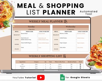 Weekly Meal Planner with Automated Grocery List | Google Sheets Meal Plan Template | Daily Food Journal & Menu Planning | Shopping List