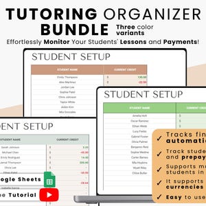 Puede incluir: Una descarga digital para una plantilla de Google Sheets para ayudar a organizar las sesiones de tutoría. La plantilla incluye secciones para los nombres de los estudiantes, el crédito actual y un enlace a un tutorial de YouTube. La imagen también incluye una lista de características, como el seguimiento automático de las finanzas, el seguimiento de las deudas y los pagos anticipados de los estudiantes, la compatibilidad con varios estudiantes en una sola lección, la compatibilidad con todas las monedas y la facilidad de uso.