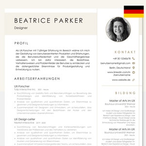 Może przedstawiać: Curriculum vitae Beatrice Parker, projektantki z 7-letnim doświadczeniem w badaniach nad doświadczeniem użytkownika. CV podkreśla jej doświadczenie w badaniach nad użytkownikiem, testach użyteczności i zarządzaniu projektowaniem. Zawiera również informacje o jej wykształceniu, w tym tytuł magistra sztuki w dziedzinie UX uzyskany na Bauhaus-Universität Weimar.