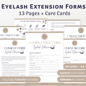 May include: Eyelash extension forms with 13 pages and care cards. Includes consent, consultation, and client record forms. Features aftercare instructions and a cancellation policy. Includes a YouTube tutorial. Available in US Letter and A4 sizes. Instant download, editable in Canva.