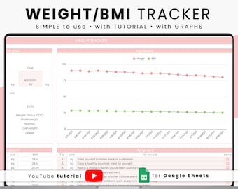 Weight Loss / BMI & Fitness Tracker | Google Sheets | Meal Planner | Digital Workout Planner | Diet Planner | BMI Calculator