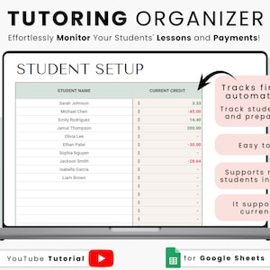Puede incluir: La pantalla de una computadora portátil muestra una hoja de cálculo con una lista de nombres de estudiantes y sus saldos de crédito actuales. La hoja de cálculo se titula "Configuración de estudiantes". La imagen también incluye texto que dice "Rastrea las finanzas automáticamente. Rastrea las deudas y los pagos anticipados de los estudiantes. Fácil de usar. Admite múltiples estudiantes en 1 lección. Admite todas las monedas." y "Tutorial de YouTube" y "para Google Sheets".