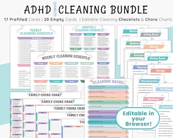 ADHD Cleaning Checklist Bundle |  Editable Chore Chart | Adult & Kids Cleaning List | Weekly Monthly Yearly Cleaning Planner Cards Schedule