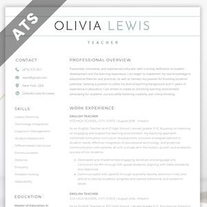 Peut inclure: Un curriculum vitae pour Olivia Lewis, enseignante avec de l'expérience dans l'éducation. Le CV comprend des coordonnées, des compétences, une expérience professionnelle et une formation. Le CV est formaté avec un design moderne et épuré.