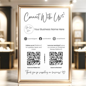 Social Media Sign Template, Editable Follow Us on Instagram & Facebook FB Sign, Printable Leave a Review Sign, DIY QR Code, Connect with Us