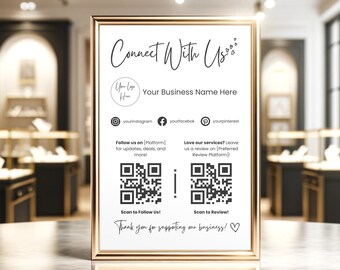 Social Media Sign Template, Editable Follow Us on Instagram & Facebook FB Sign, Printable Leave a Review Sign, DIY QR Code, Connect with Us