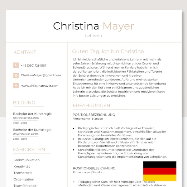 Lebenslauf Vorlage, Bewerbung Deutsch, Bewerbungsvorlagen, CV Vorlage MS Word , Professionelle Bewerbung German, Anschreiben-Vorlage