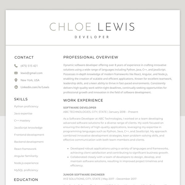 Tech Resume & Developer Resume CV Template - ATS Optimized, For Software Engineers, Computer Science Professionals, IT Project Managers