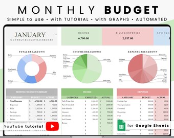 Monthly Budget and Expense Tracker Template - Financial Planner with Debt and Spending Tracker, Google Sheets Compatible, Bill Tracker