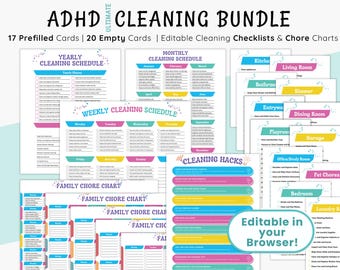 ADHD Cleaning Checklist Bundle |  Editable Chore Chart | Adult & Kids Cleaning List | Weekly Monthly Yearly Cleaning Cards Planner Schedule