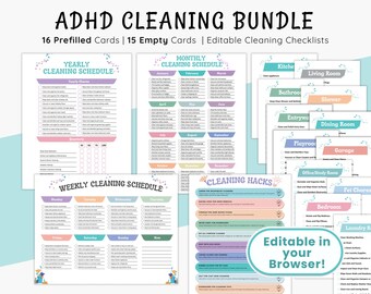 ADHD Cleaning Checklist Bundle |  Editable Schedule Chart | Adult & Kids Cleaning List | Weekly Monthly Yearly Cleaning Planner Cards