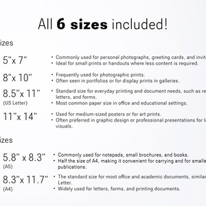 May include: A chart listing six different paper sizes, including US and EU sizes, with checkmarks next to each size. The chart also includes a description of the common uses for each size.
