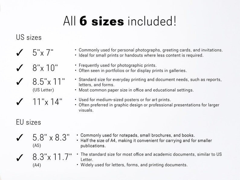 May include: A chart listing six different paper sizes, including US and EU sizes, with checkmarks next to each size. The chart also includes a description of the common uses for each size.