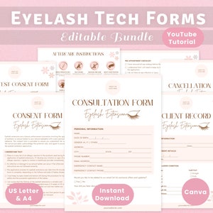 Eyelash Extension Forms, Editable Templates in Bundle, Lash Tech Business Branding Kit - Consultation, Consent, Client Record and more Forms