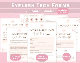 Eyelash Extension Forms, Editable Templates in Bundle, Lash Tech Business Branding Kit - Consultation, Consent, Client Record and more Forms