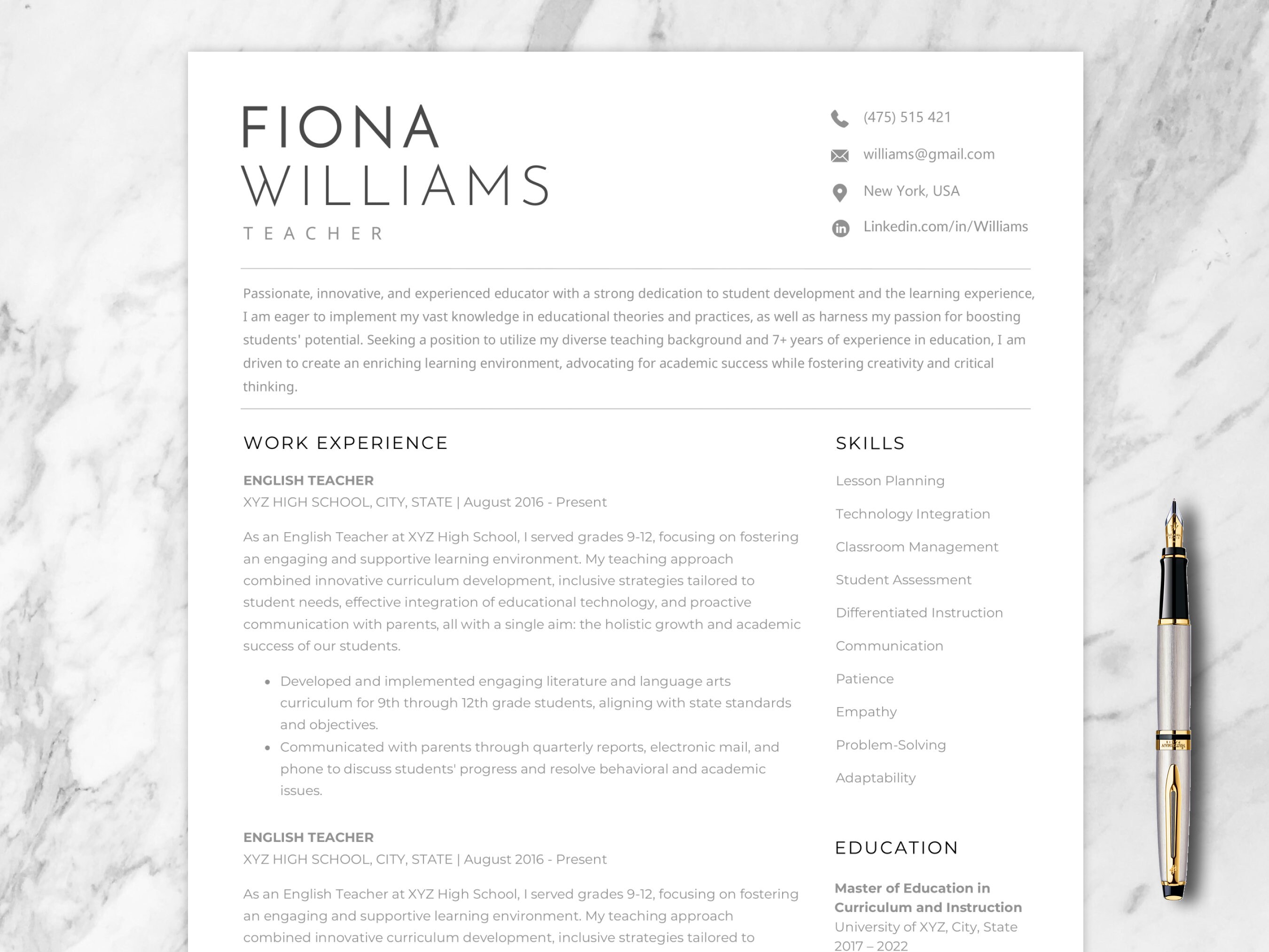 Minimalist, Clean, Modern CV Template Professional Executive, Teacher