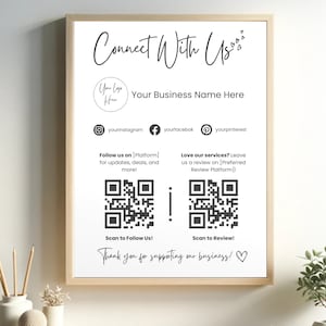 Editable Follow Us on Instagram & Facebook Sign, Social Media Sign Template, Printable Leave a Review Sign, DIY QR Code, Connect with Us