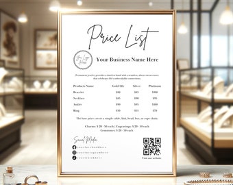 Permanent Jewelry Price List Sign | Editable Printable Template | QR Code Sign | Canva Template | Permanent Jewelry - Bracelet & Necklace