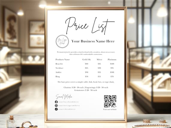Permanent Jewelry Price List Sign | Editable Printable Template | QR Code Sign | Canva Template | Permanent Jewelry - Bracelet & Necklace
