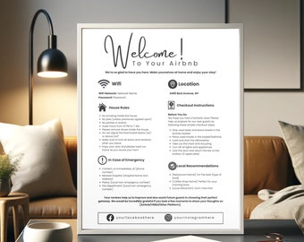 Editable Airbnb Welcome Sign Template, Guest Arrival Sign with House Rules, WiFi Info, Vacation Rental Signs, Edit in Canva, Printable