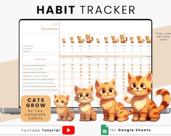 Habit Tracker Google Sheets | Digital Daily, Weekly, Monthly Habit Plan & Routine | Goal Planner Spreadsheet | Habit Tracking Template | Cat