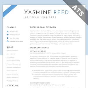 May include: A resume for Yasmine Reed, a software engineer with over 8 years of experience. The resume highlights her skills in Python, Java, C++, JavaScript, React, Angular, and Node.js. It also lists her work experience at ABC Technologies and XYZ Solutions.