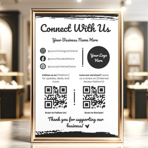 Follow Us on Facebook Instagram Sign, QR Code Sign, Social Media Sign Template, Editable Printable Small Business Sign, Leave us a Review