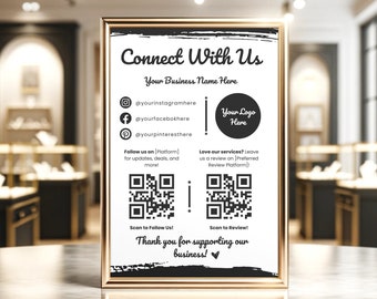 Follow Us on Facebook Instagram Sign, QR Code Sign, Social Media Sign Template, Editable Printable Small Business Sign, Leave us a Review